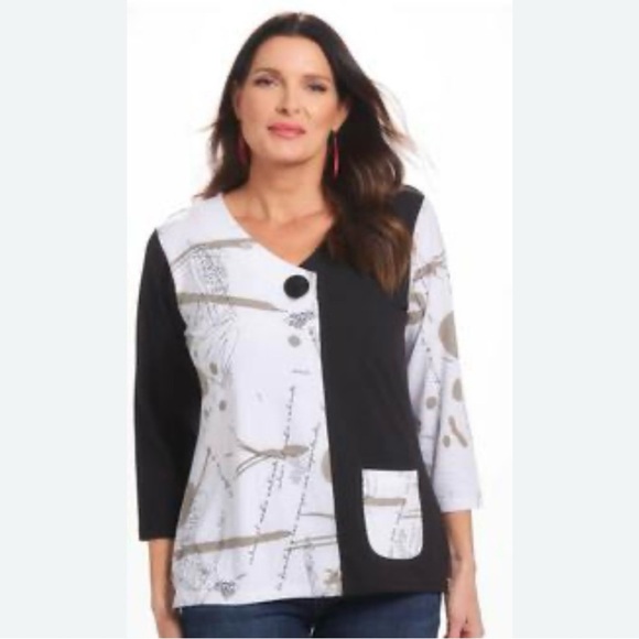 Parsley & Sage Black and White Abstract Lagenlook 3/4 Sleeves Blouse Size L - Picture 1 of 10